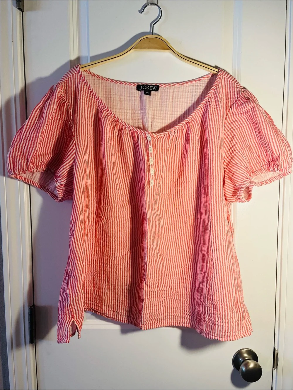J.Crew Puff-Sleeve Henley Peasant Top in Electric Red & White Striped Gauze XXL